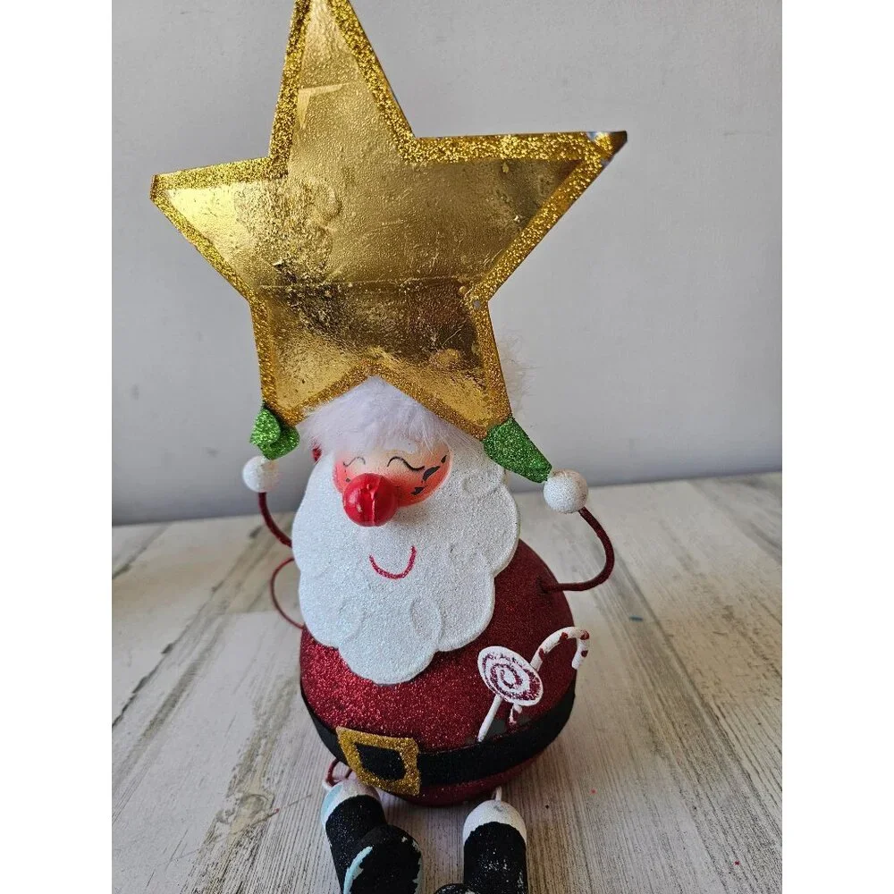 Pier 1 glitter Santa star metal vintage retired rare red gold Xmas decor centerp